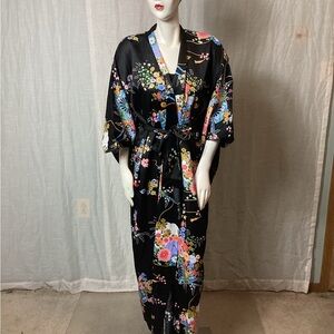 Black Floral Satin Kimono Robe with Belt